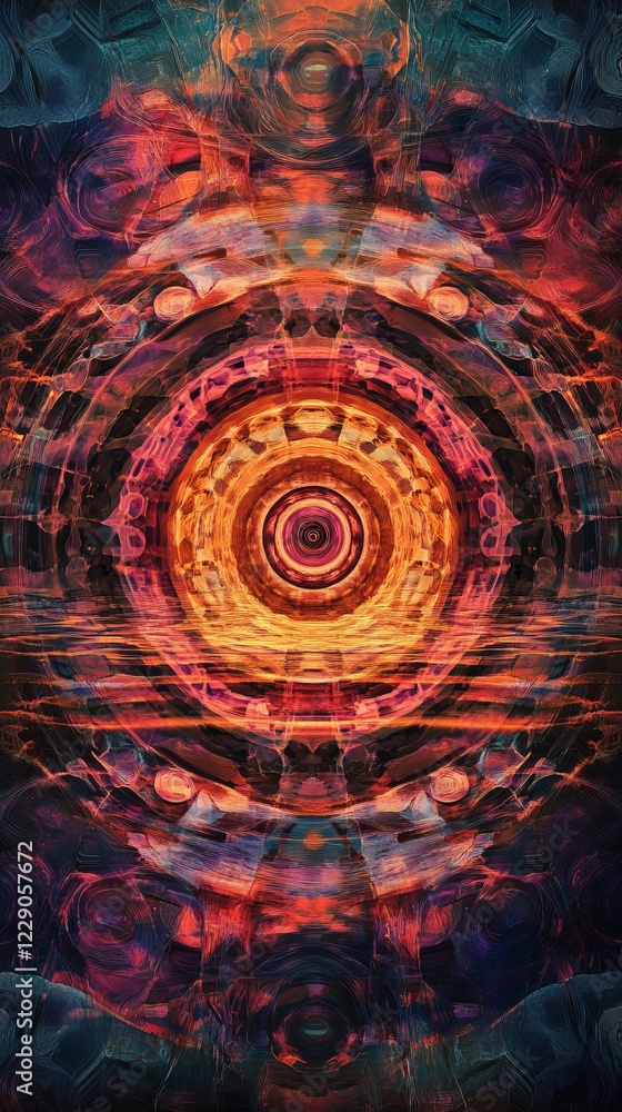 Poster a vivid abstract design featuring a circular pattern with dynamic colors and intricate geometric sha