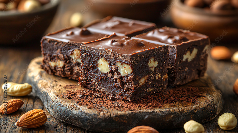 Poster delicious chocolate fudge cubes with nuts displayed on a wooden board surrounded by assorted nuts. g