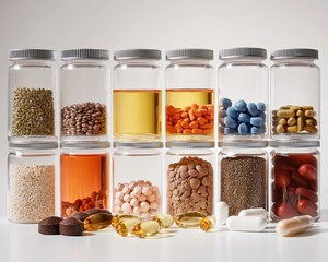 A creative meal prep layout featuring color-coded superfoods and vitamins, styled for functionality and appeal This visually stunning image showcases organized containers of healthy ingredients