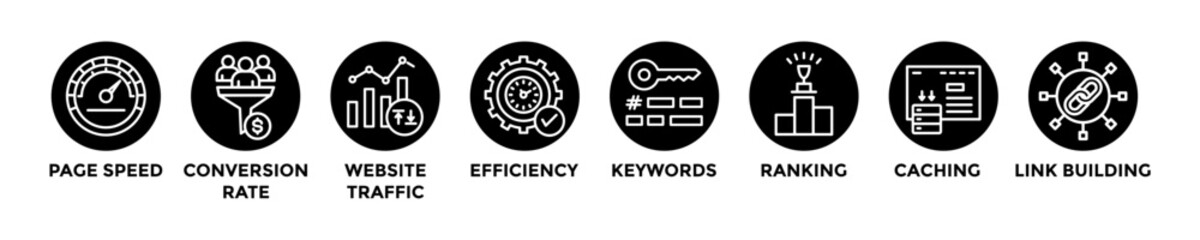 web optimation web banner concept with group of icons for business and media