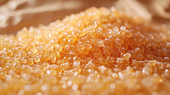 Natural resin granules scattered on a surface, showcasing rich golden hues and textures under soft lighting. Generative AI - Powered by Adobe