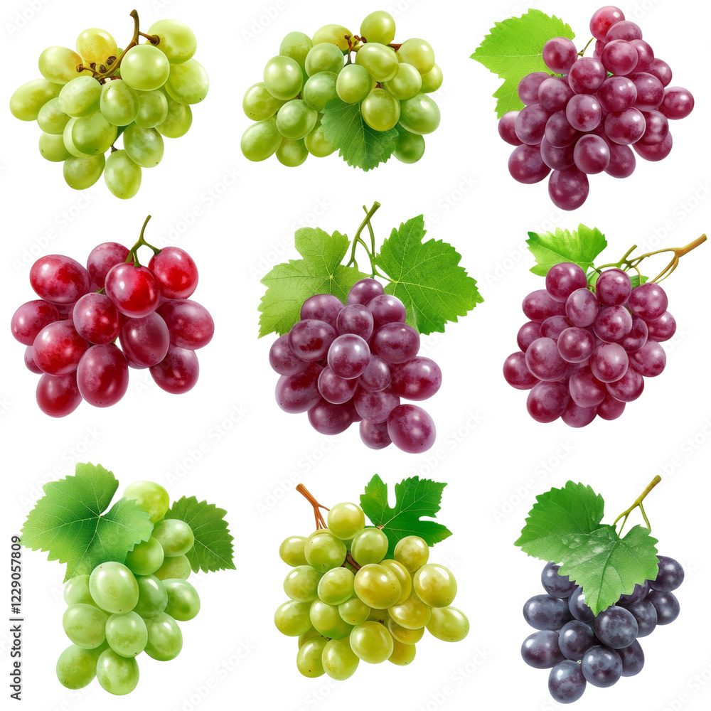 Poster a collection of nine vibrant grape clusters showcasing variations in color including green, red, and