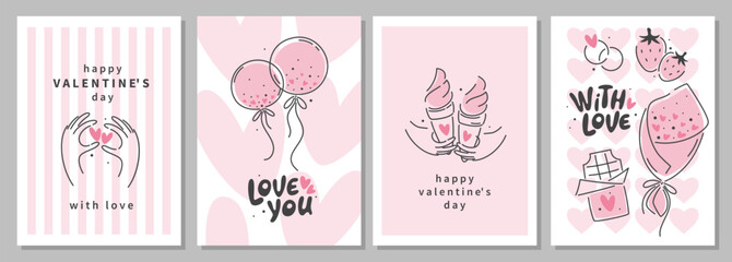 Set of Valentine's day greeting cards. Templates for celebration, ads, branding, poster, cover, banner. Vector illustration.