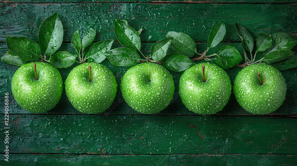 Poster fresh green apples lined up on rustic wooden table with droplets of water glistening in soft light. 