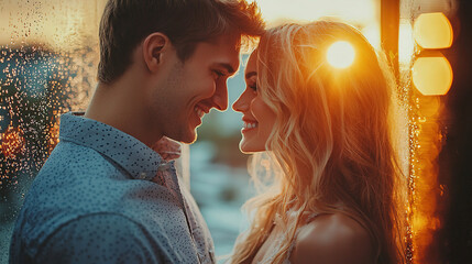 Young couple sharing a joyful moment during sunset with raindrops on the window in a cozy setting. Generative AI