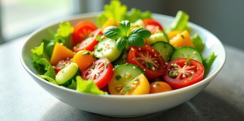 A vibrant summer salad featuring ripe tomatoes, crisp cucumbers, and fresh basil, served in a pristine white bowl on a sleek surface.