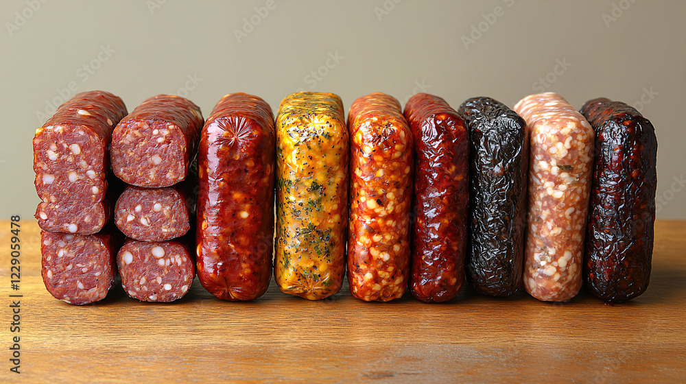 Poster variety of colorful sausages displayed on a wooden surface in a casual setting with soft lighting. g
