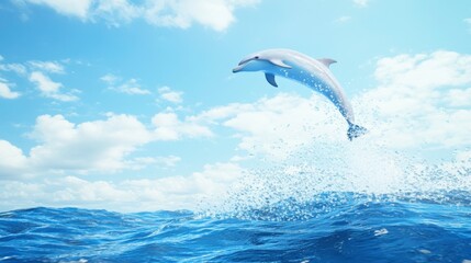 Dolphin Jumping Above Waves in Clear Blue Ocean Under Bright Sky