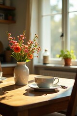 Sunlit Morning A Simple Table Setting with a Delicate Bouquet of Flowers and a Warm Mug