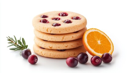 cranberry orange cookies, gourmet dessert, soft texture with orange zest and cranberries, close-up detail, photorealistic, isolated on white background