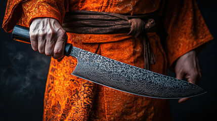 Fototapeta premium Artisan chef holds a handcrafted Damascus steel knife while wearing a vibrant orange traditional robe in a dark setting. Generative AI
