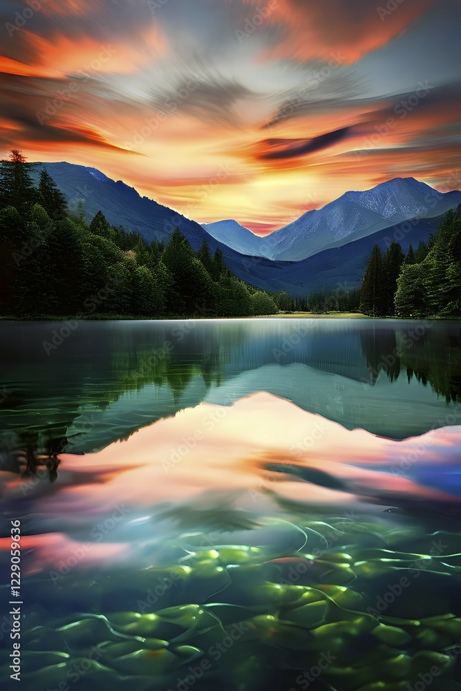 Poster ai generated illustration of a serene lake with reflections on the surface replaced with shimmering 