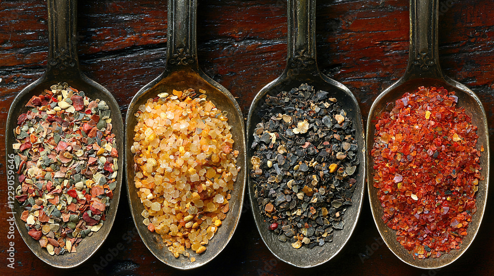 Poster variety of spices displayed in spoons on a wooden surface showcasing textures and colors from differ