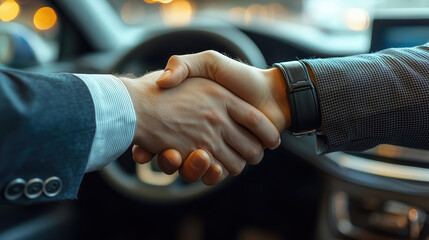 Business professionals participating in a handshake agreement inside a car during a city evening meeting. Generative AI