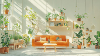 Fototapeta premium bright modern living room featuring orange sofa, coffee table, and various indoor plants, creating serene atmosphere