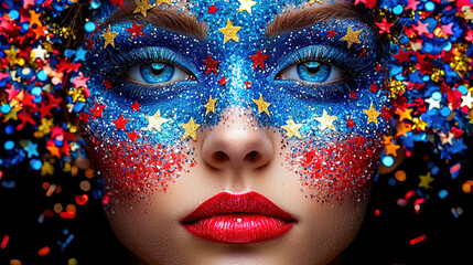 Colorful face painting featuring red, white, and blue stars with sparkling details and vibrant blue eyes during a festive celebration. Generative AI