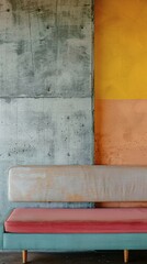 Modern interior with a pastel-colored sofa against a textured wall, architecture, Brutalism, AI generated
