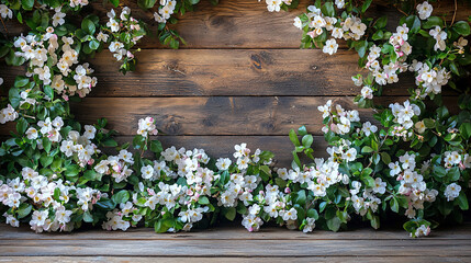 Beautiful white flowers arranged along a rustic wooden background creating a charming natural display. Generative AI