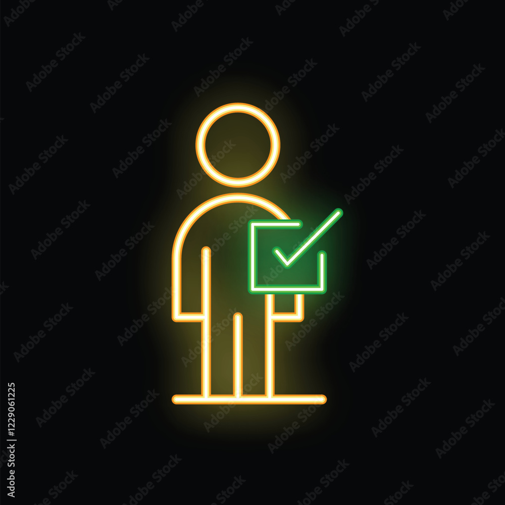 Poster glowing neon figure with a green check mark symbolizing successful validation or approval