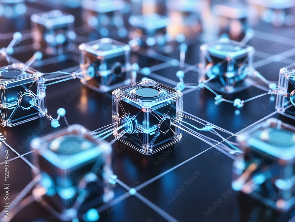 Poster 3d rendering of a network of cubes on a black