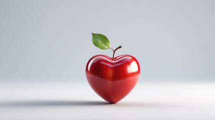3d red heart shaped tasty glossy apple with green leaf isolated on white gray background with place for your text