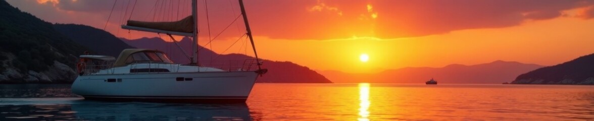 Fototapeta premium Sunset glows on sailboat's hull as it floats in harbor, sunset, warm light