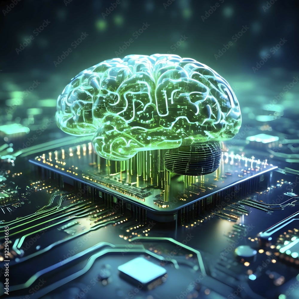 Poster human brain intricately interlinked with the circuits of a computer board symbolizing artificial int