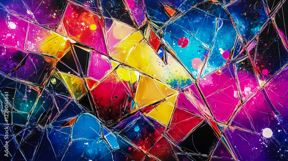 Poster shattered geometric patterns reflecting a fragmented alternate universe, illuminated by neon lights
