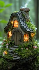 Fototapeta premium Fairy tale-inspired miniature house with a rounded door, whimsical curved roof, and tiny glowing windows, nestled within a bed of moss and surrounded by tiny mushrooms and sparkling fairy lights.