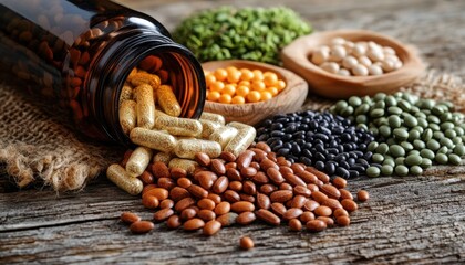 Naklejka premium Close-up of nutritional supplements capsules spilling from a glass bottle, surrounded by vibrant superfoods like chickpeas, beans, and seeds, symbolizing the holistic fusion of natural nutrition and