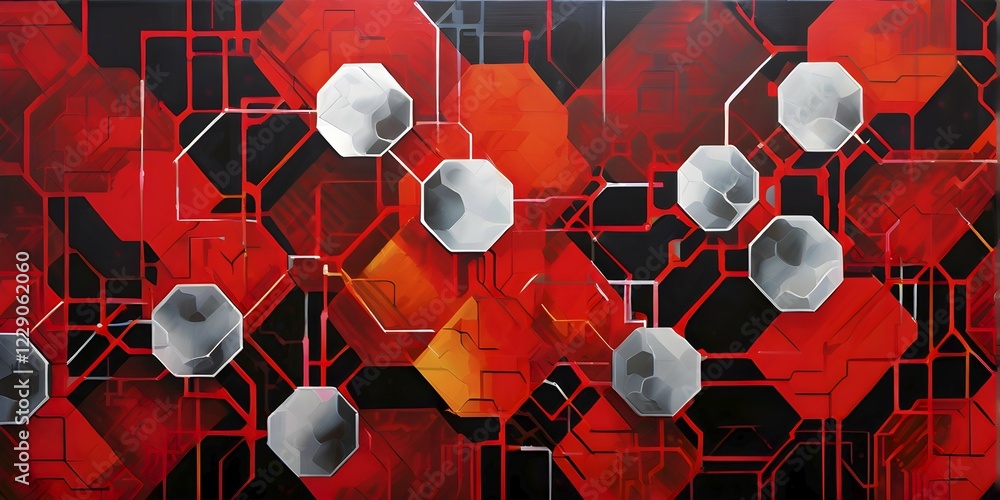 Poster abstract artwork illustrating blockchain technology with interconnected geometric shapes symbolizing