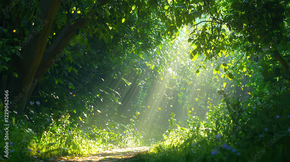 Poster serene forest path with sunlight filtering through lush greenery, creating tranquil atmosphere