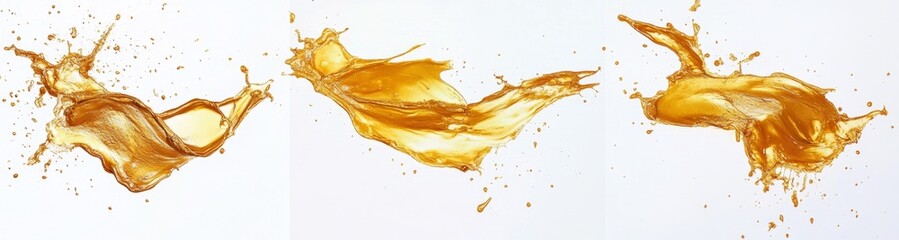 Golden liquid splashes on white; studio shot, advertising