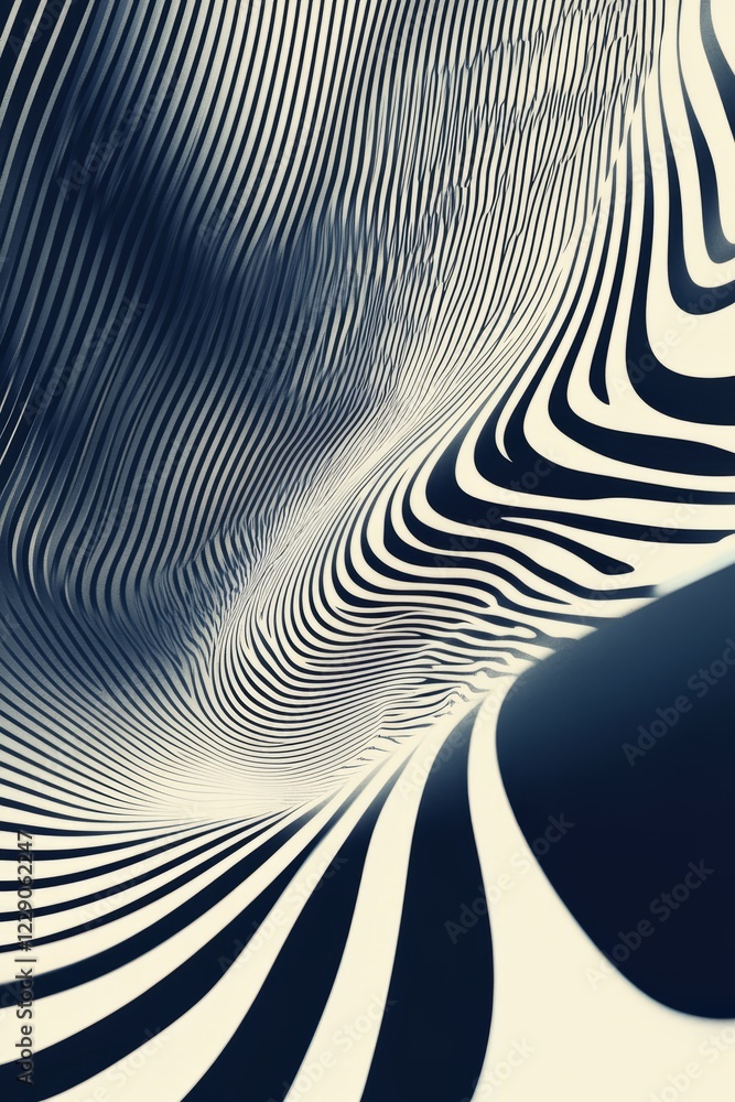 Poster abstract image featuring black and white curved lines forming an optical illusion with a dynamic and