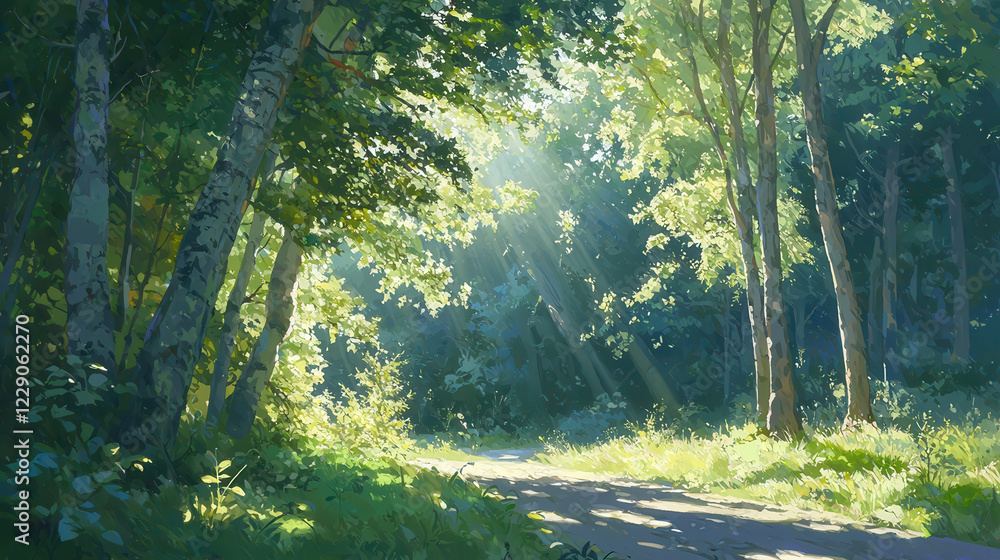 Aufkleber serene forest path with sunlight filtering through trees, creating peaceful atmosphere. vibrant gree