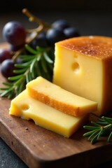 Aromatic Aged Cheese with Rosemary and Grapes on Wooden Board