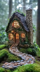 Fototapeta premium Cozy fairy-tale cottage with glowing windows, nestled in a moss-covered forest, featuring a stone chimney and a charming pebble path leading to the warmly lit entrance.