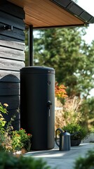 Obraz premium Black rainwater collection barrel placed near a dark wooden house, surrounded by lush greenery. Sustainable water-saving solution enhances eco-friendly living and garden irrigation.
