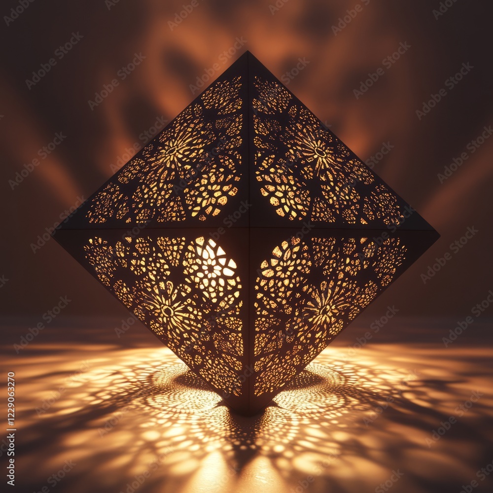 Poster geometric lamp casting intricate patterns on a wall, creating a warm ambiance. perfect for modern in