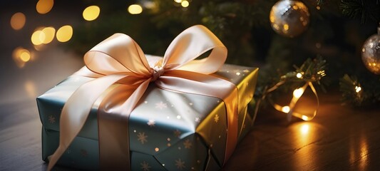 Close-up of a beautifully wrapped Christmas gift with a satin ribbon, set under a glowing Christmas tree, AI generated