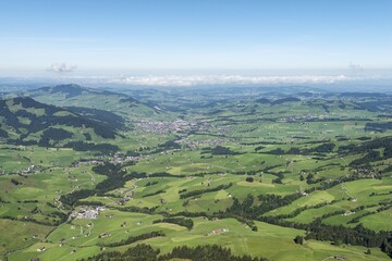 View of the Appenzellerland region and the town of Appenzell as seen from Hoher Kasten mountain, 1794m, canton of Appenzell Inner-Rhodes, Switzerland, Europe