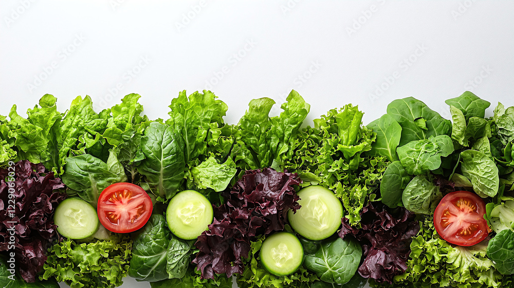 Poster fresh green lettuce varieties arranged neatly with ripe tomatoes and cucumbers on a clean surface. g