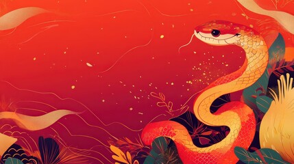 Vibrant Snake Illustration on Warm Red Background with Nature Elements
