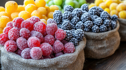 Freshly harvested frozen berries in burlap bags arranged on a rustic wooden surface. Generative AI