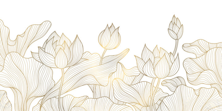 Vector lotus flower gold background, line art floral pattern, Chinese gold and white wallpaper. Elegant nature drawing, asian leaf ornament
