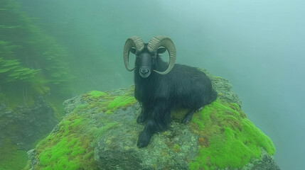 mountain goat standing in misty forest