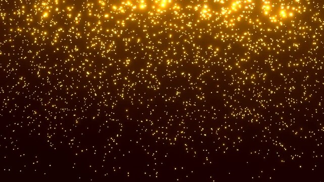 Background with golden falling particles.Gold Dust Falls Black Background Abstract 3d Animation. Gold, e Isolated. Beautiful Sparks Particles Blowing Curtain Design Element