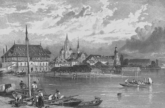 Historic cityscape, steel engraving, Konstanz with Lake Constance, in 1850, Germany, Europe