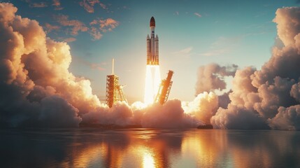 3D render of launching a new product or service, showcasing the technology development process with a space rocket launch in the background