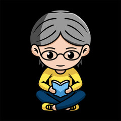 Bookworm chibi character reading a book, sitting cross legged in black background